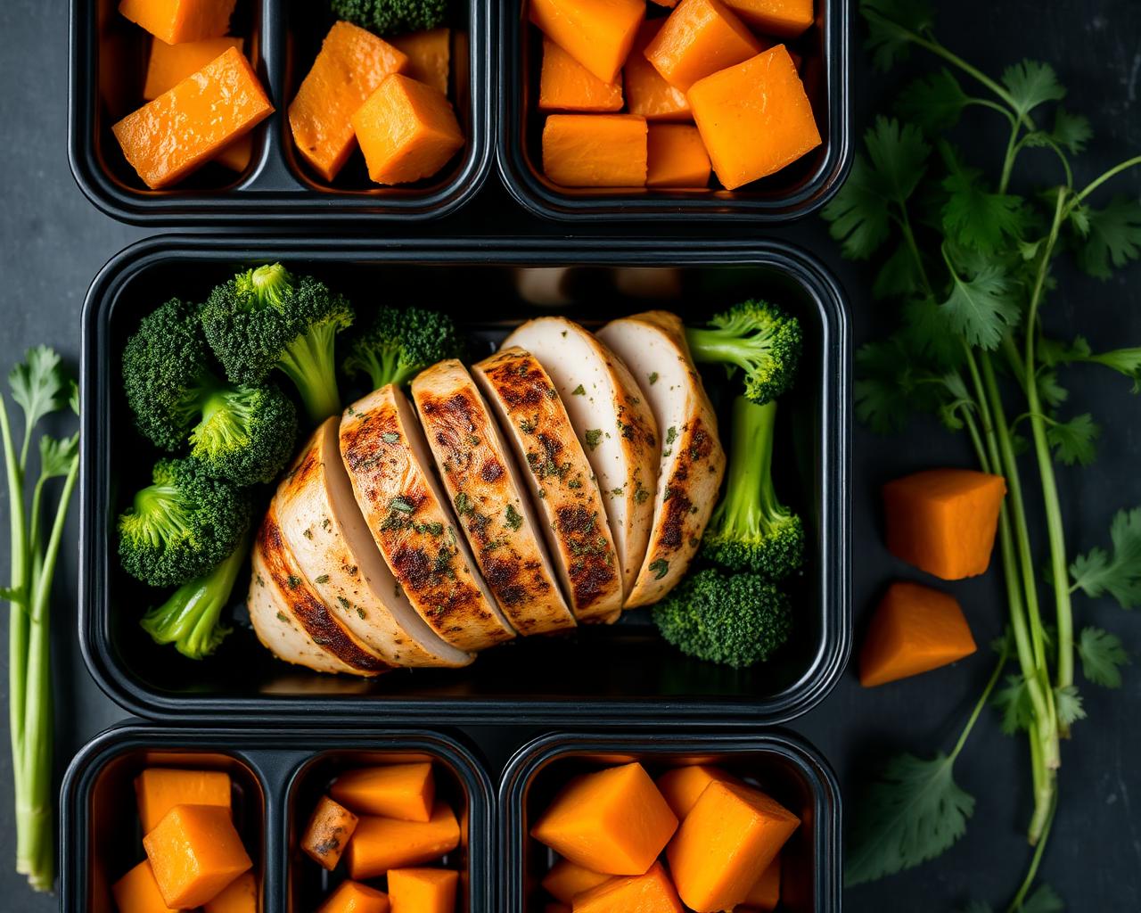 Grilled chicken meal prep tray with broccoli and sweet potato